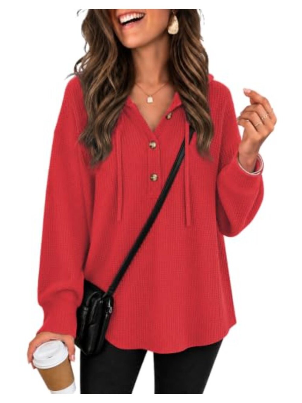 Womens Waffle Knit Hooded Tunic Sweatshirt Long Sleeve V Neck Loose Fit
